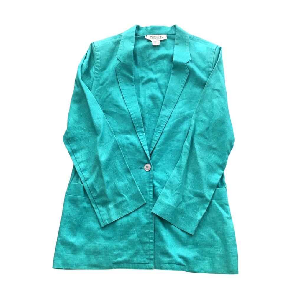 Teal Aqua Linen Blazer Rafaella Shoulder Pads Size Small with Pockets Vintage